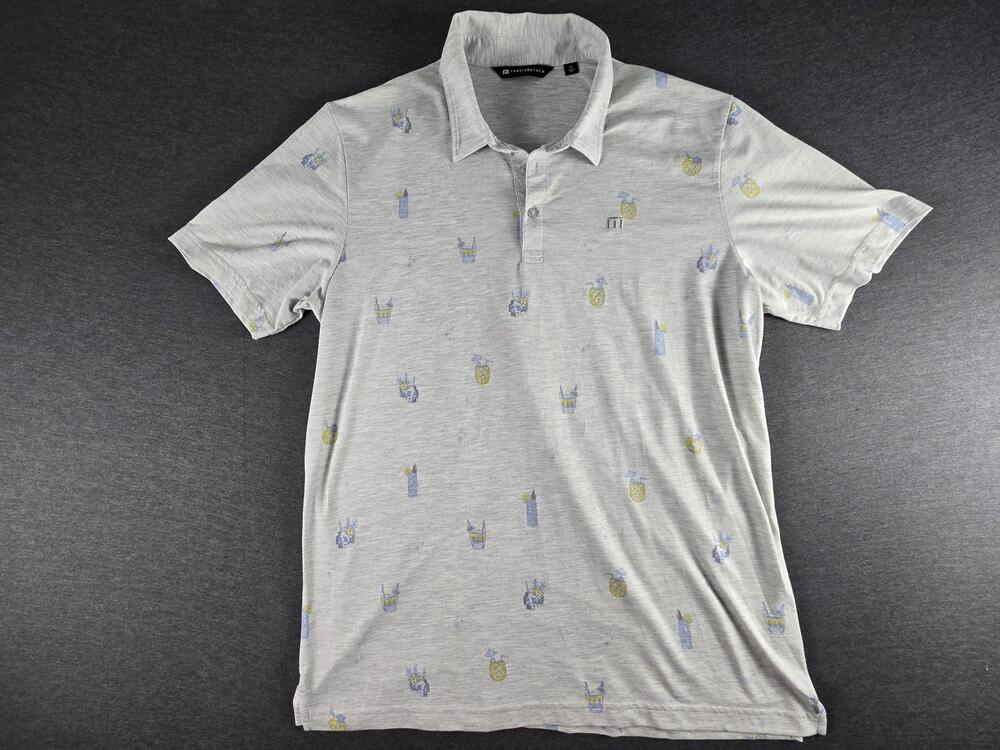 TravisMathew Polo Shirt Mens XL Gray Tropical Drink Print Golf Casual Summer